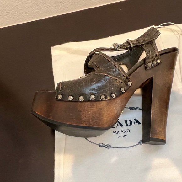 Prada Brown Leather and Wood Platform Clog Sandals 37.5 - Picture 13 of 13